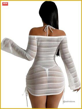 Off Shoulder Hollow Crochet Mesh Swim Beach Cover Up Dress